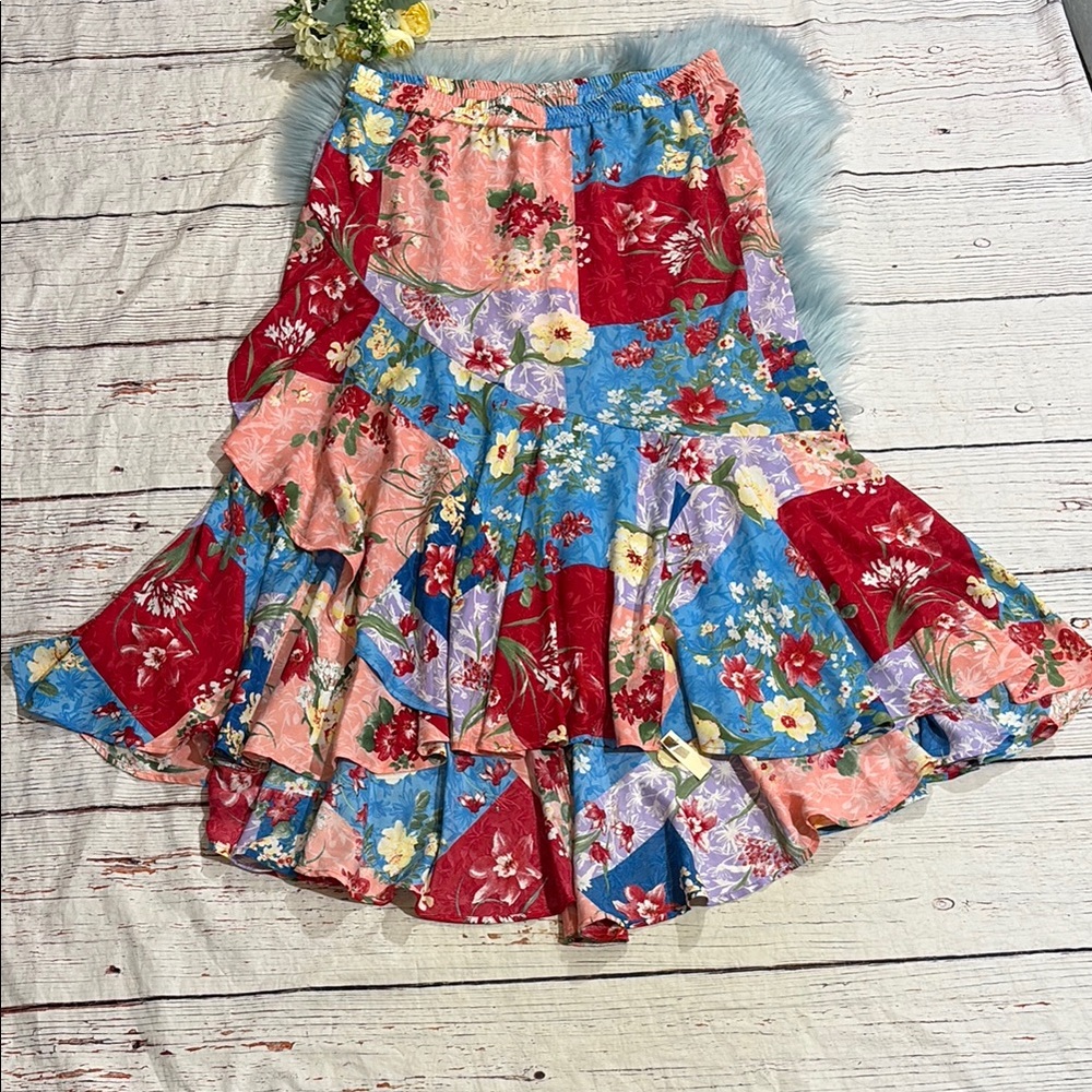 NWOT Tolani Collection Patchwork Floral Ruffle Skirt sz L